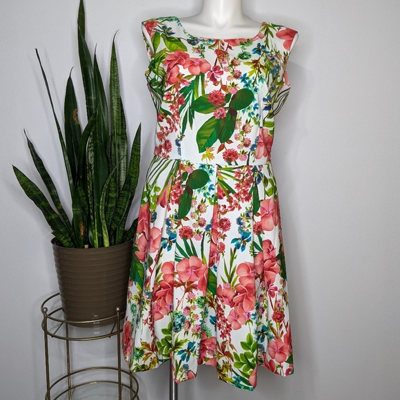 red and green floral dress